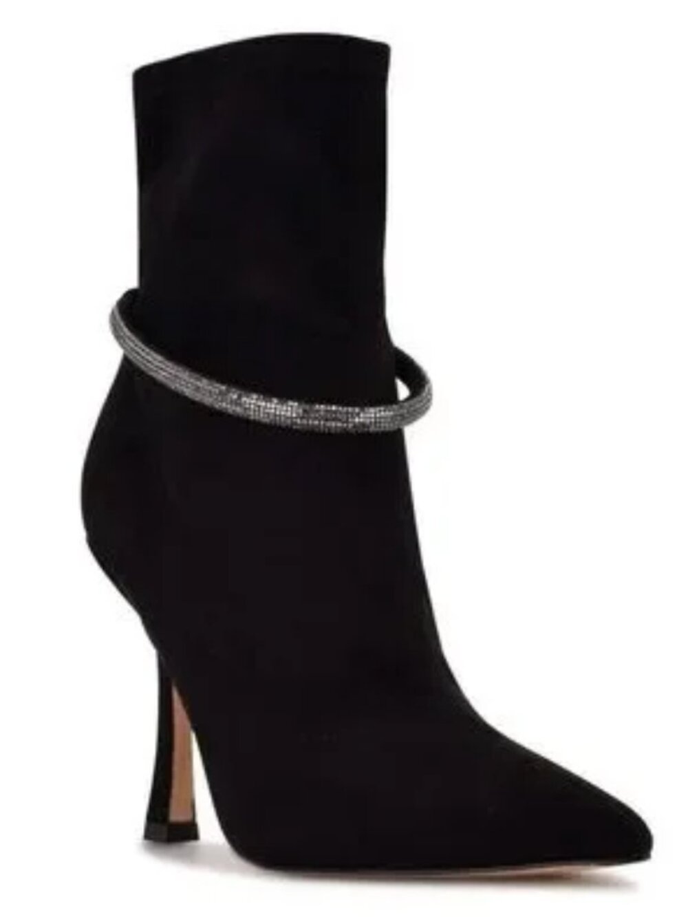 NINE WEST Ferba Black Suede Pointed Toe Ankle Boot w/Embellished Pull-Thru Loop